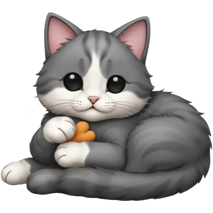 dark grey and white small cat with his eyes closed lying down leaning on its elbow with its paw curled under its head holding it up emoji
