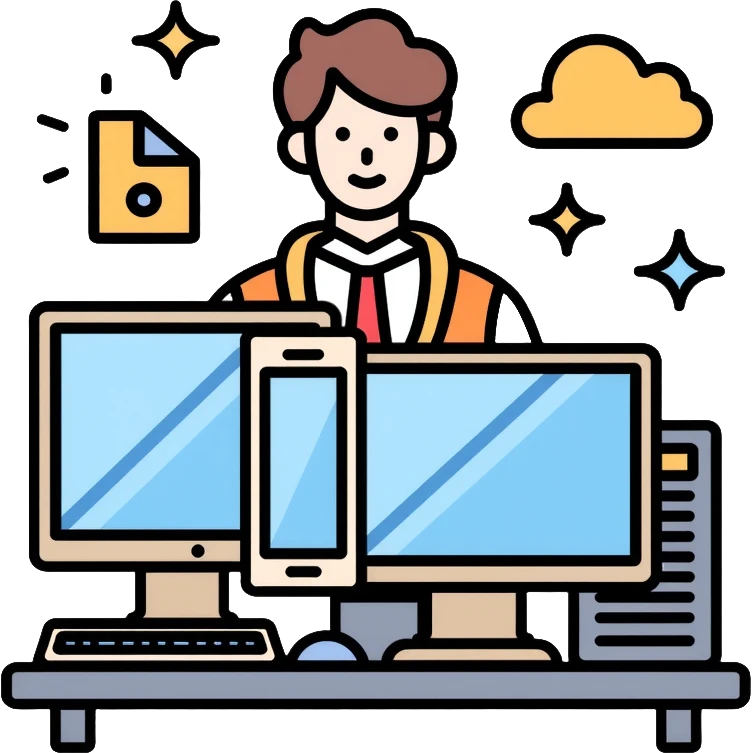 Senior IT Specialist with advanced workstation, multiple monitors, server, cloud icons, leadership symbols emoji