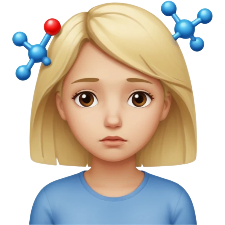 A sad girl thinks about a molecule emoji
