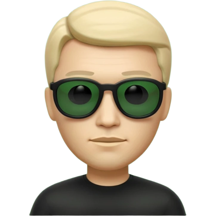 3D memoji-style emoji like Apple Memoji, male character wearing black sunglasses, smooth rounded face, minimalist design, inspired by The Matrix movie, subtle green matrix glow, dark background, cinematic lighting, high quality. emoji