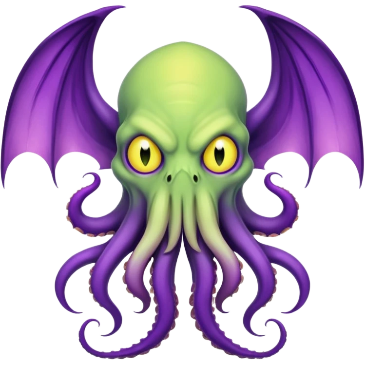 light green Cthulhu with purple bat wings and purple gradient tentacles. Yellow angry eyes. yellow suckers on tentacles. dramaticshading emoji