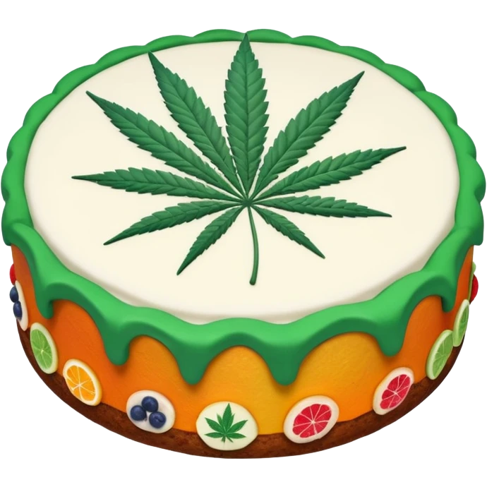 colorful frosted fruit cake with cannabis leaf emoji