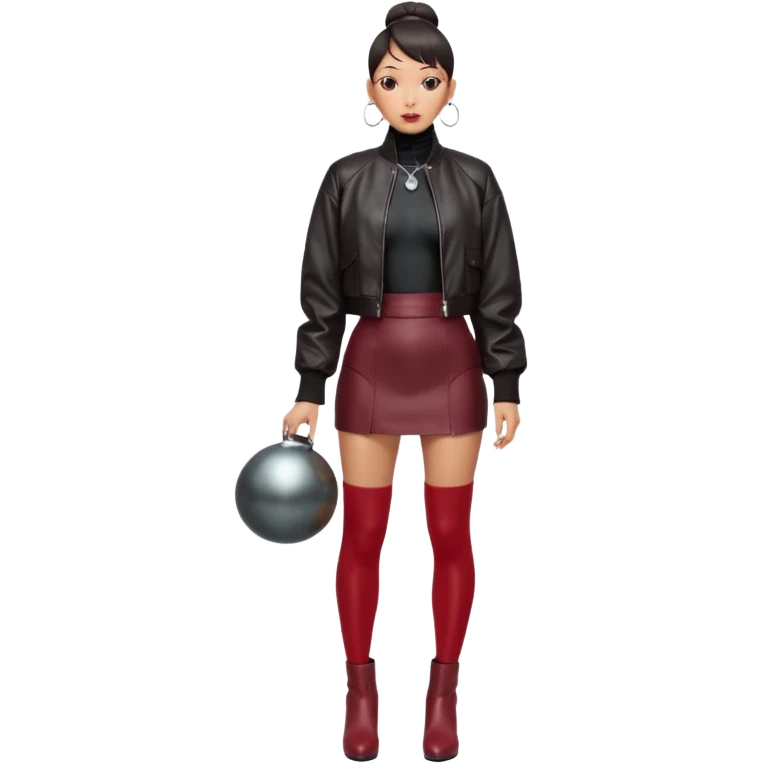 Full-body shot of an East Asian woman with a low sleek bun. Oversized black leather jacket that reaches the hips, black turtleneck, silver orb necklace. Red leather mini skirt, burgundy tights, and red long boots. Clean, fashion-editorial look. emoji