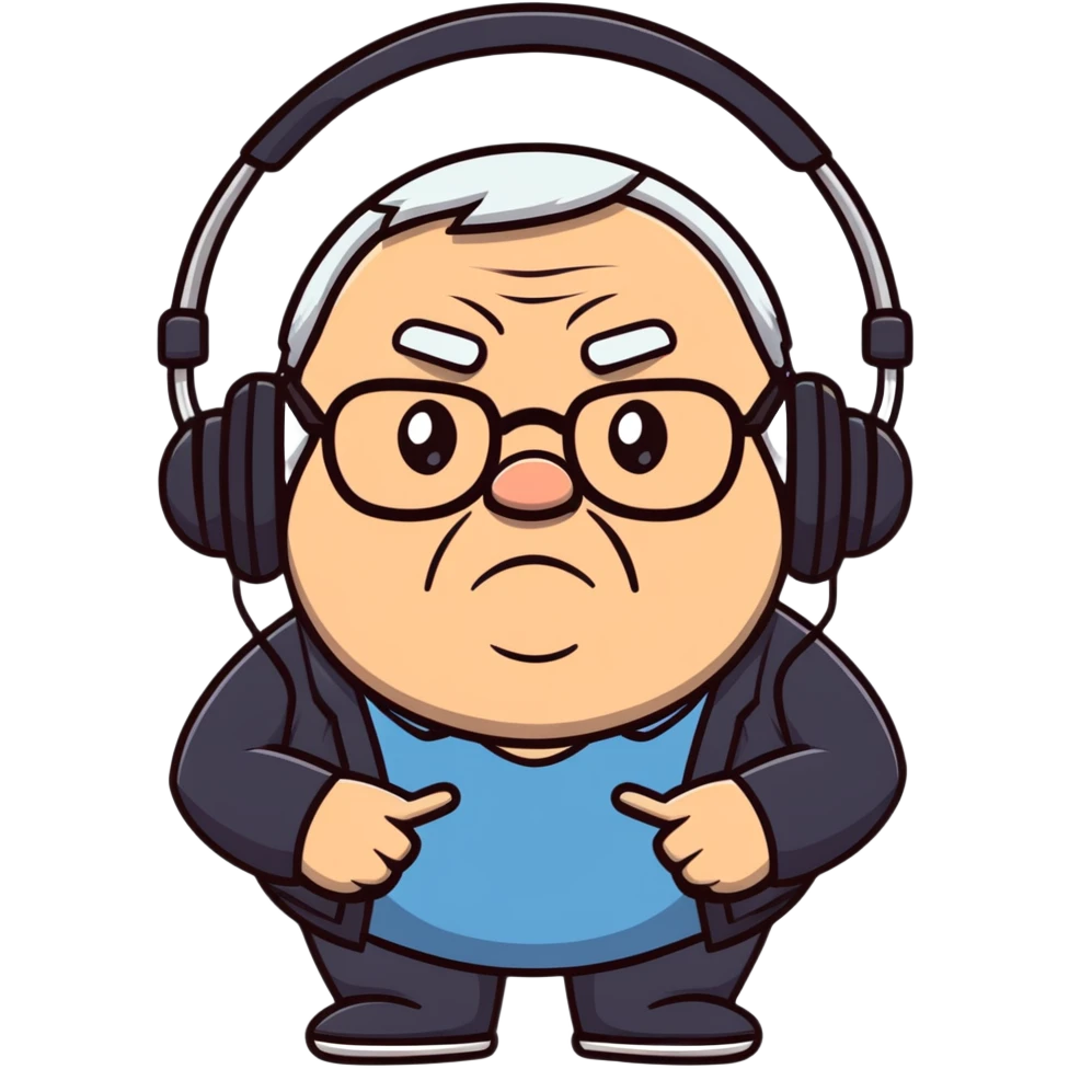 Brown old man with medium white hair, wearing glasses and headphones, looking surprised and angry, no facial hair, chubby, looking to the upper left corner emoji