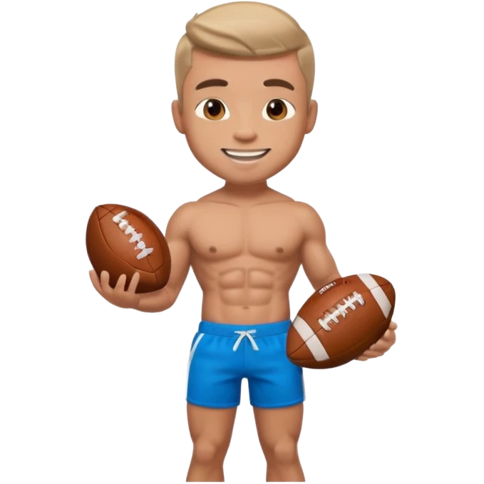 male memoji, shirtless muscular man with six-pack abs, wearing designer shorts, holding a football, confident and flirty smile emoji