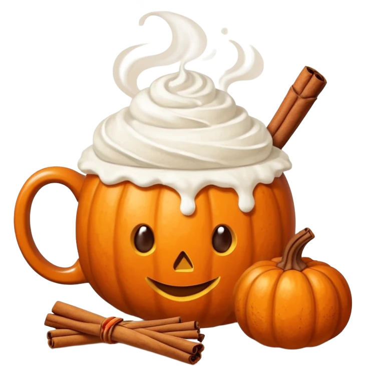 Steaming coffee Mug with whipped Cream and cinnamon Dust on Cream.  Small Punkin and 3 sticks of cinnamon next to mug emoji