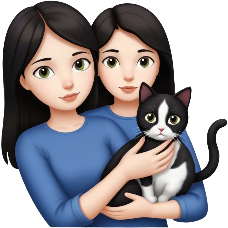 a girl with dark hair holds a black and white cat in her hand and admires it emoji