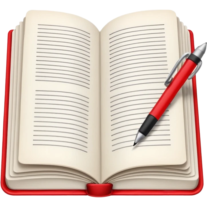 "A white open book,The pen should be positioned as placed exactly in the center between the pages.  if held by a right-handed person - meaning the direction is reversed compared to a left-handed grip. The pen should be uncapped, and the cap placed behind it." Styled with Red tape round on the pen emoji