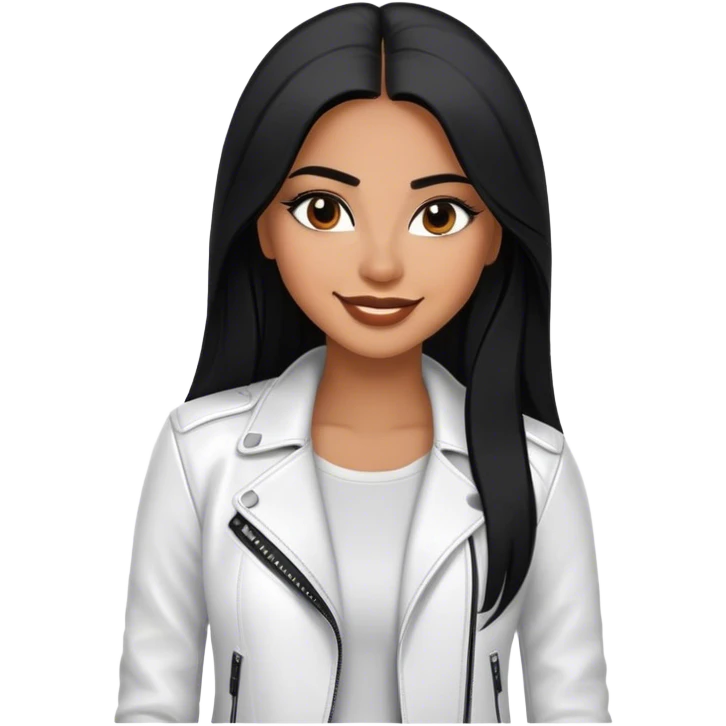 beautiful fit woman, with long straight black hair, with make up, black eye liner, smile mooth close, mexican, brown skin, wearing casual white outfit and leather black jacket, flirting emoji