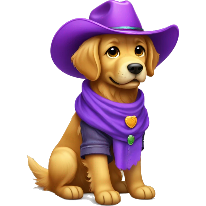 Golden retriever wearing purple cowboy hat and boots emoji