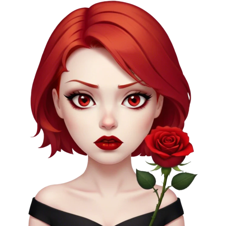 a beautiful very angry woman with red hair and red eyes. The woman wear a black little cutted dress. She have red lipstick and she have a seductive look. She have a rose flower in her hair. Angry face emoji