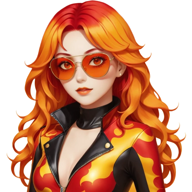 Beautiful gorgeous anime lady with beautiful fiery long warm-red-orange-yellow-gradient-wavy-special-hair, fashion aesthetic, slim red-tinted-sunglasses, accessories, gold jewelries, red-and-yellow sunny-pattern-eyes, black latex-suit, biker-woman, cool, badasa emoji