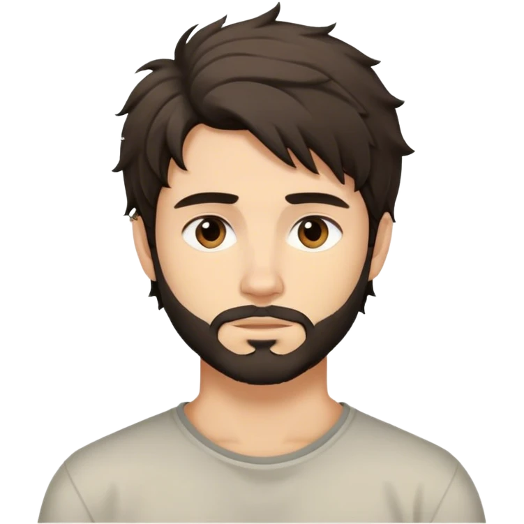 young man, shoulder-length dark messy hair, short beard, calm expression emoji