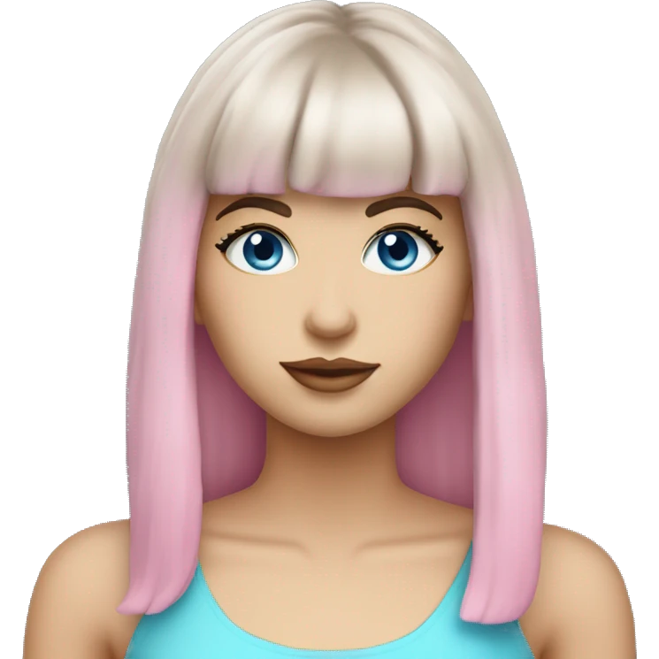 Beautiful Brunette blue eyed white girl with bangs big lips gorgeous pink outfit  emoji