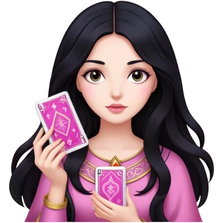 long black hair girl with pink tarot cards emoji