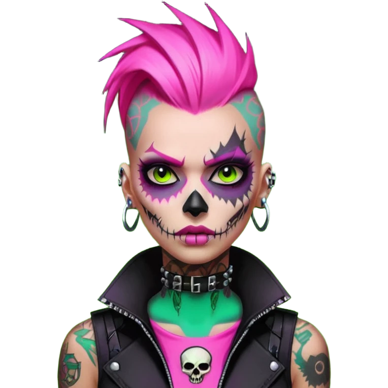 Cyberpunk female punk, pink mohawk, skull face tattoos, bionic neck, aggressive expression, neon green lighting emoji