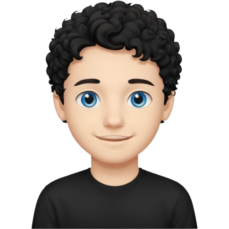 boy, young face like 20 years, blue eyes, medium curly hair black, easy smile, black t-shirt, purple background. emoji