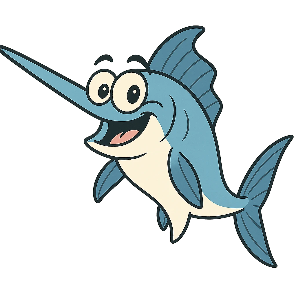 cartoon style swordfish with big eyes, playful expression, bright blue and white colors emoji