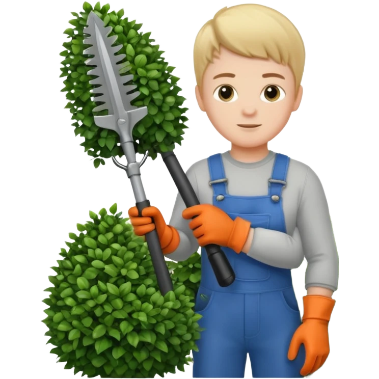 white kid trimming a decorative bush emoji
