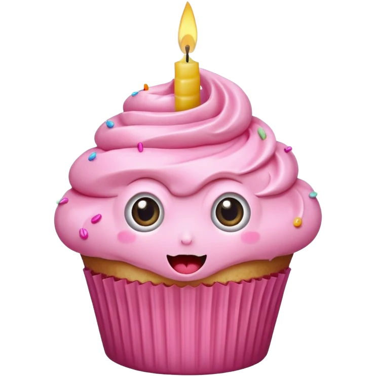 A cupcake with pink frosting, big eyes, two teeth, and a lit candle on top emoji