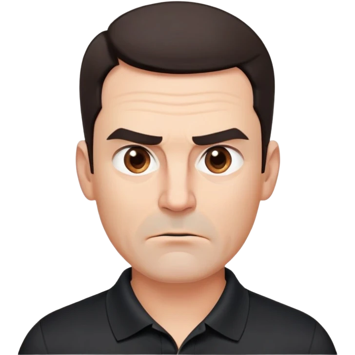 Middle-aged man with strong square face, pronounced jawline, full cheeks, manic energy with intense stare, dark brown eyes, thick raised eyebrows, wide proportional nose, mouth slightly open in disbelief, short dark hair neatly styled, wearing a black polo shirt emoji
