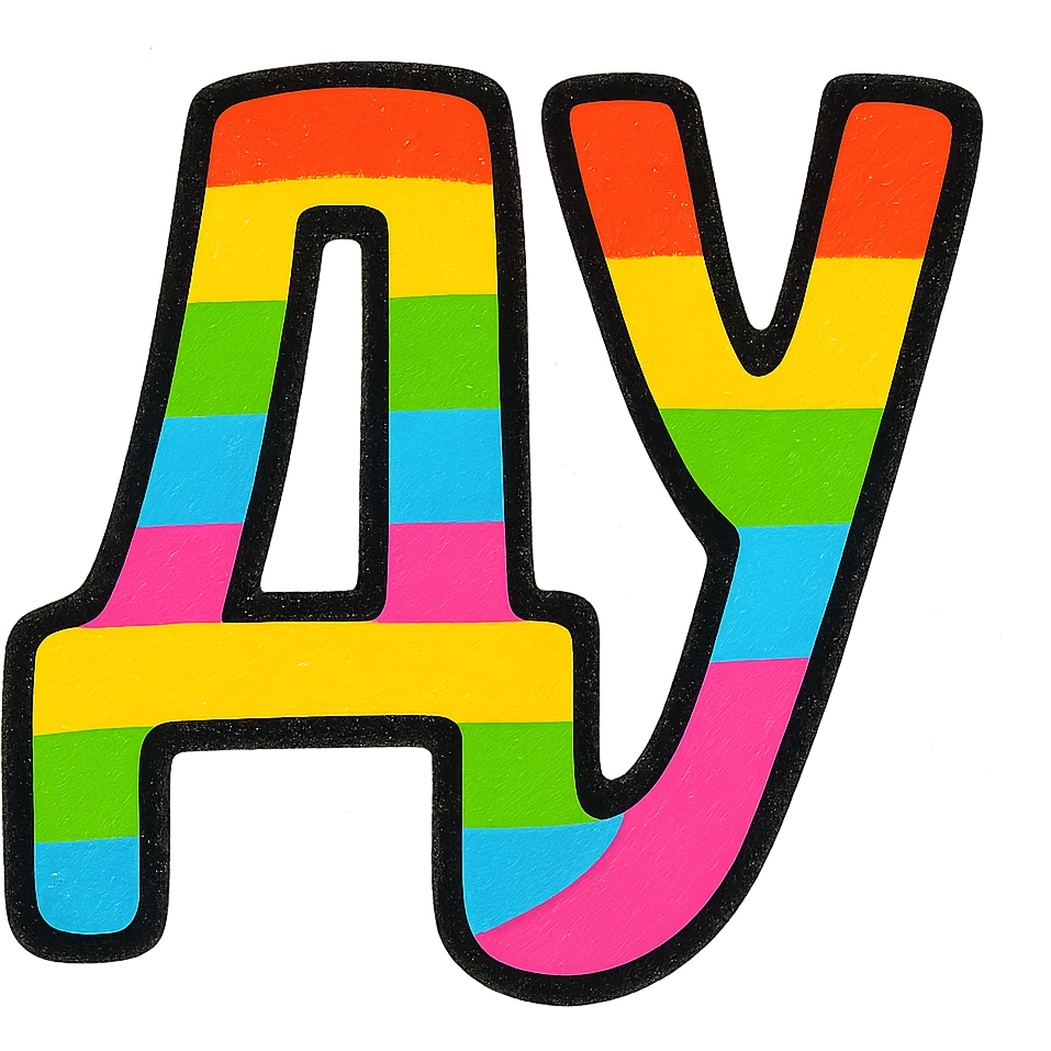 The Cyrillic letters Д and У in rainbow colors emoji