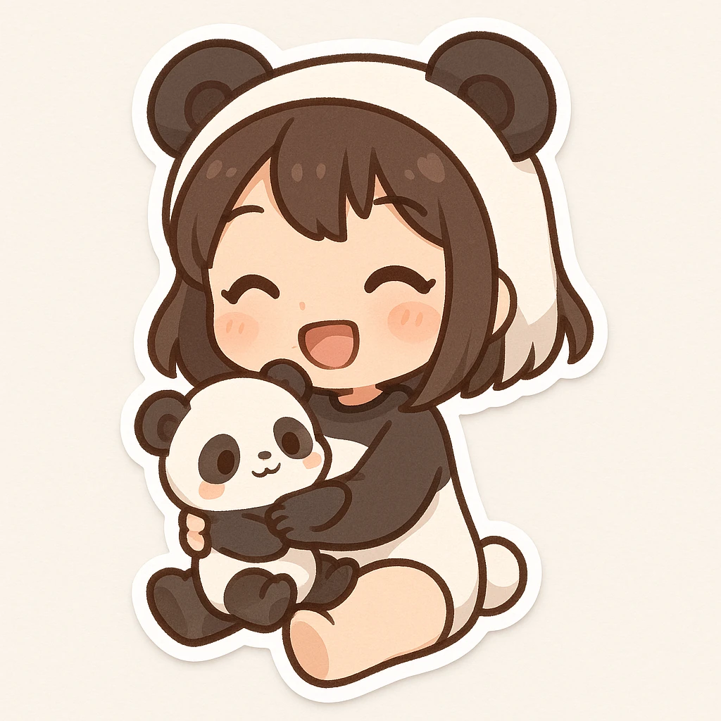 Chibi stickers style panda girl holding a baby panda, cute and happy expression and pose. emoji