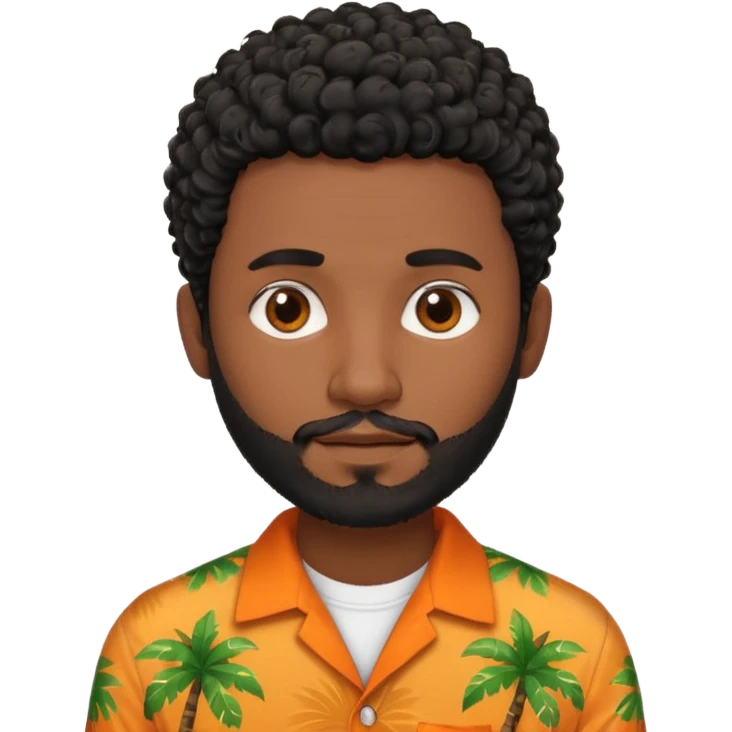 create an emoji of a man but with very very short curly black hair, dark skin, dark brown eyes and a short beard without a moustache and an orange and tropical shirt emoji