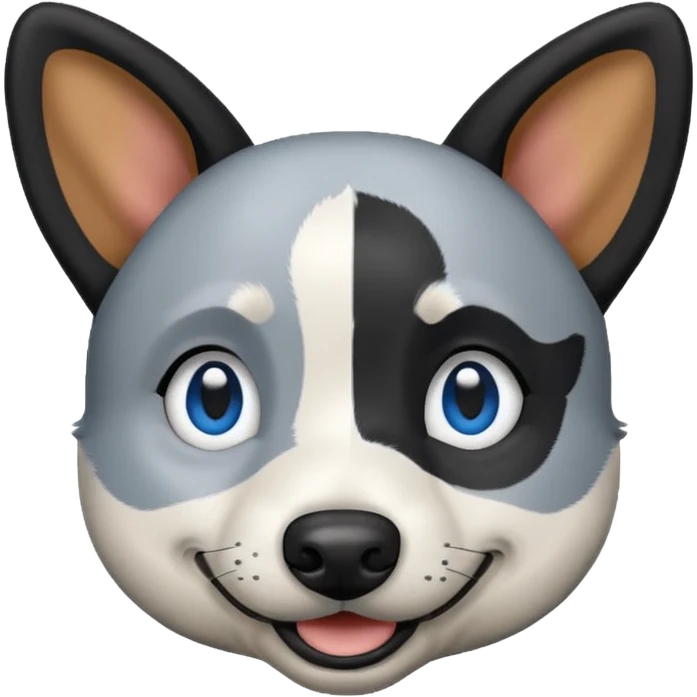 black, grey, and white blue heeler dog, emoji style, head only, smiling, cartoonish features emoji