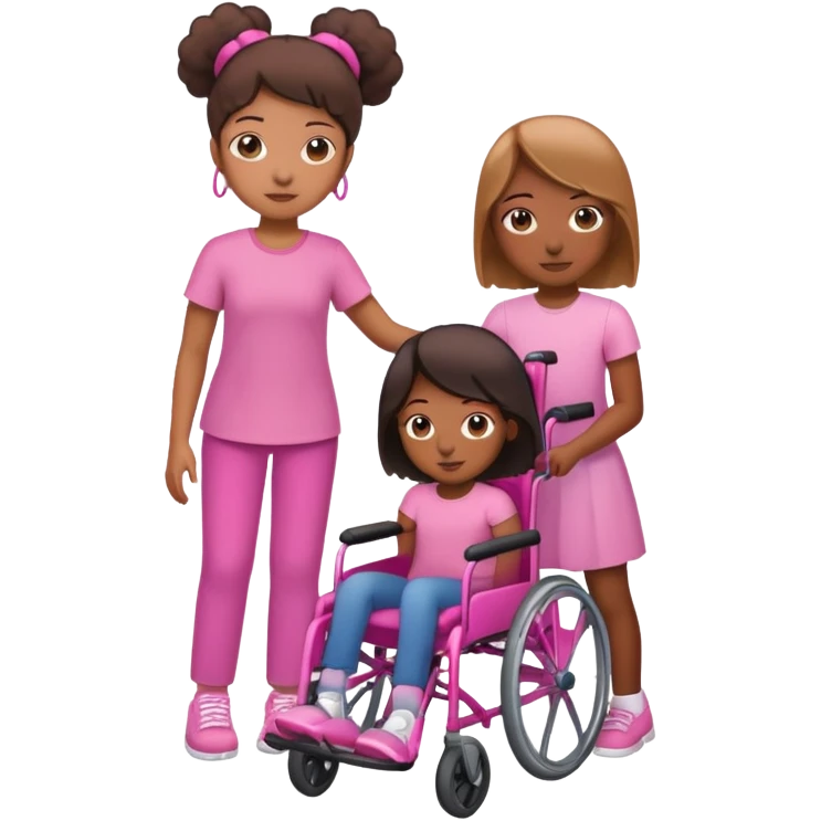 One tan skin sister standing behind her brown skin sister in a pink wheelchair emoji