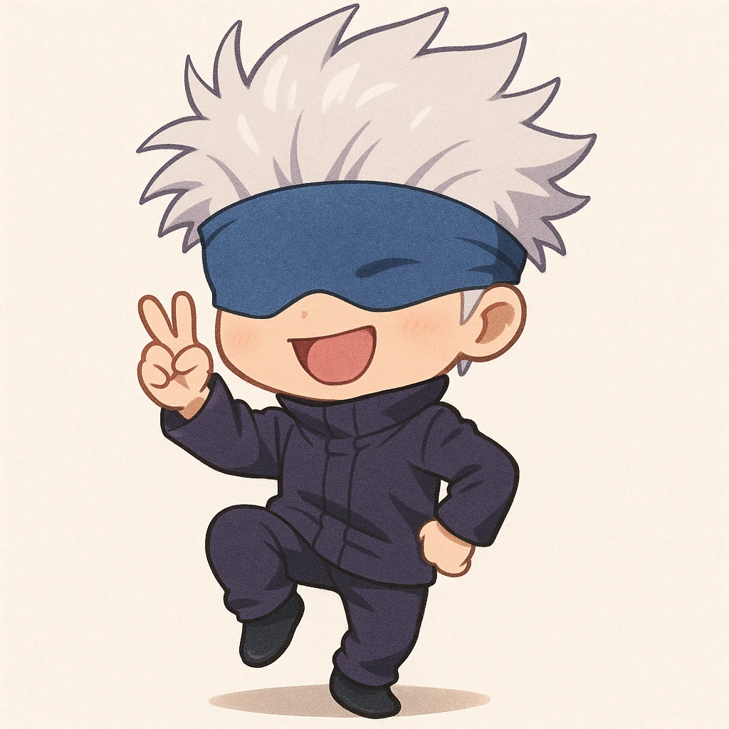 Gojo Satoru, chibi style, white hair, blue blindfold, playful pose, minimal background emoji