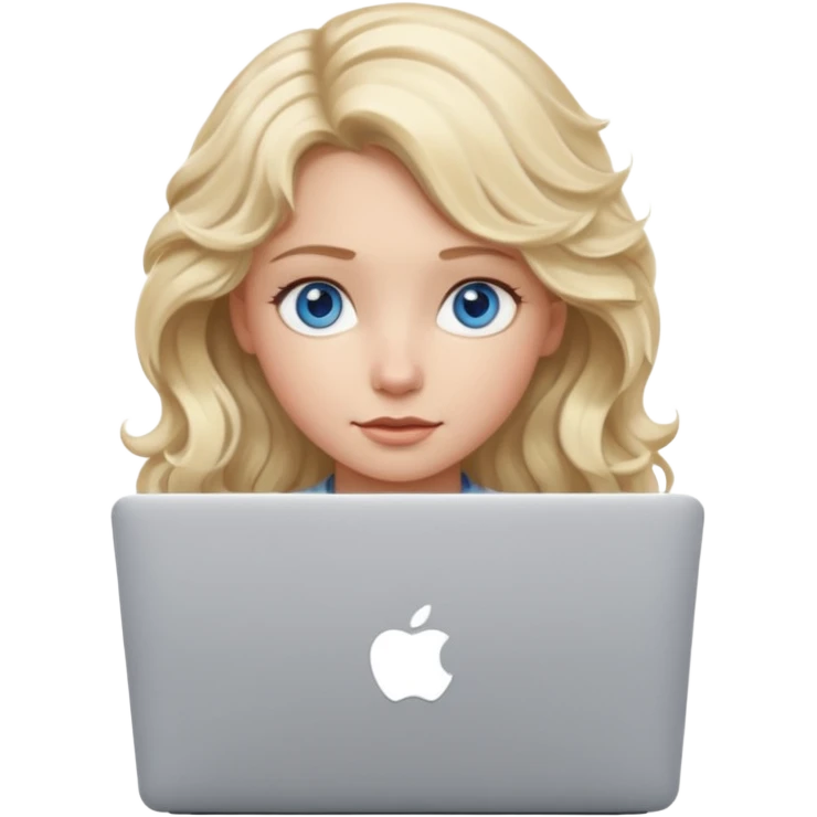 blond girl, blue eyes, hair wavy, , behind her silver colored laptop from apple, she looks straight infront of her, looks a bit taller emoji