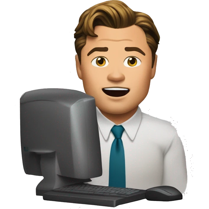 Leonardo DiCaprio in 'The Wolf of Wall Street' near the computer with stocks  emoji