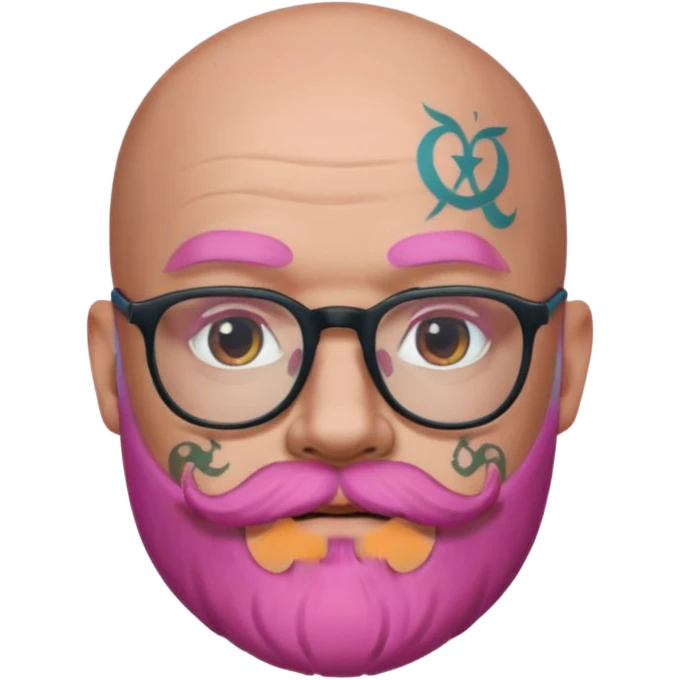 bald man, pink beard, glasses, face tattoos, Apple memoji style emoji