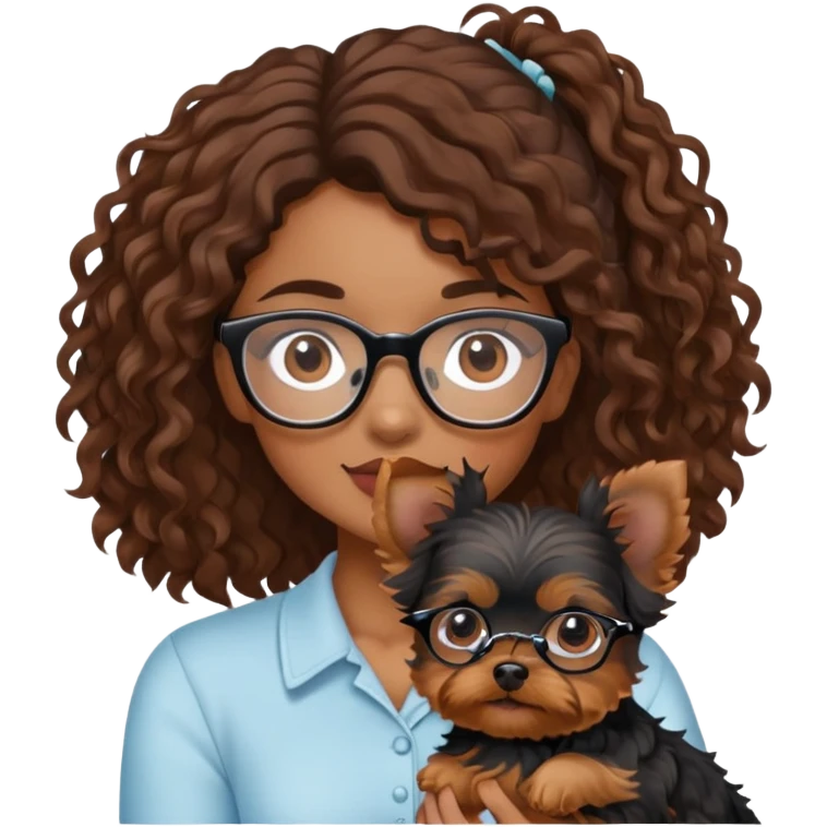 Young woman with brown curls and eyeglasses holding a small yorkie dog emoji
