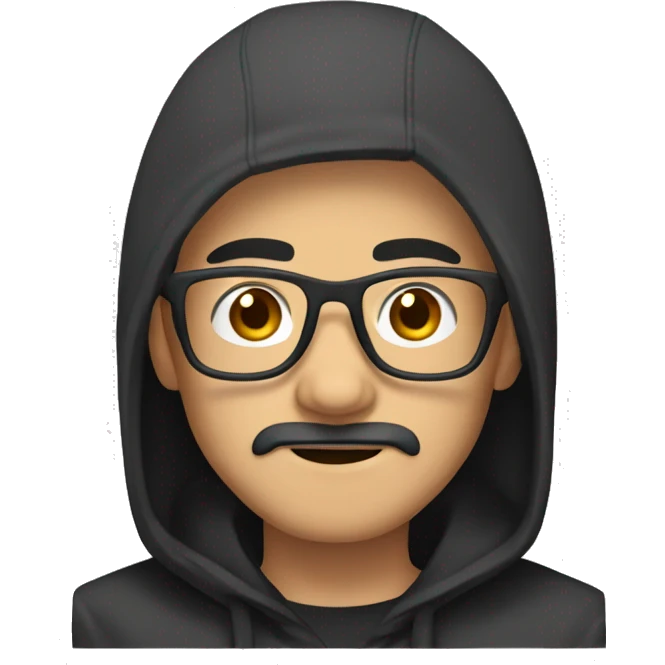 Asian Guy with long black hair and square glasses, mustache and black hoodie emoji
