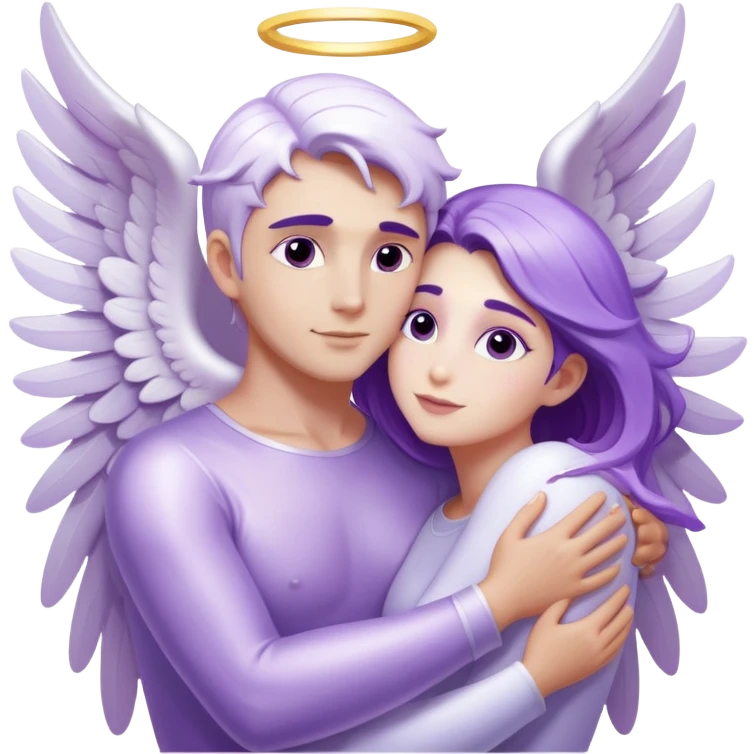 a pastel purple angel woman hugging White brunette man human rays of light emoji