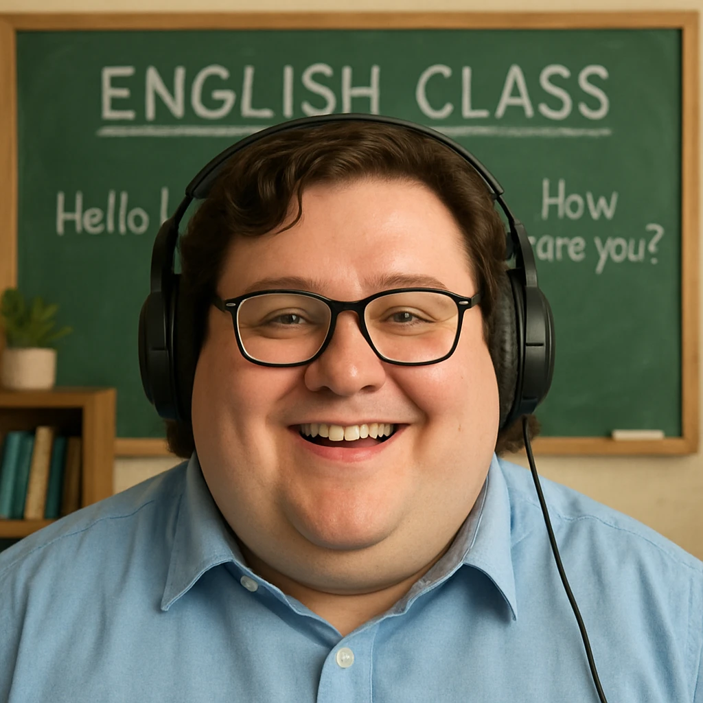 chubby English teacher with wavy brown hair, happy, gamer, online class background, only face emoji