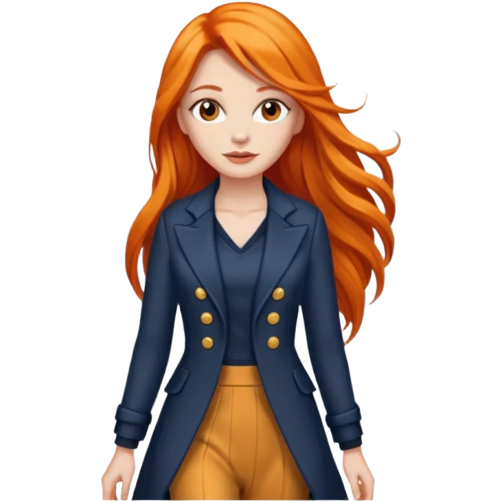 as un mujer de cabbelo anarangado con ropa bonita modelando en una pasarela pero que tenga cabello largo y que se vea la pasarela emoji