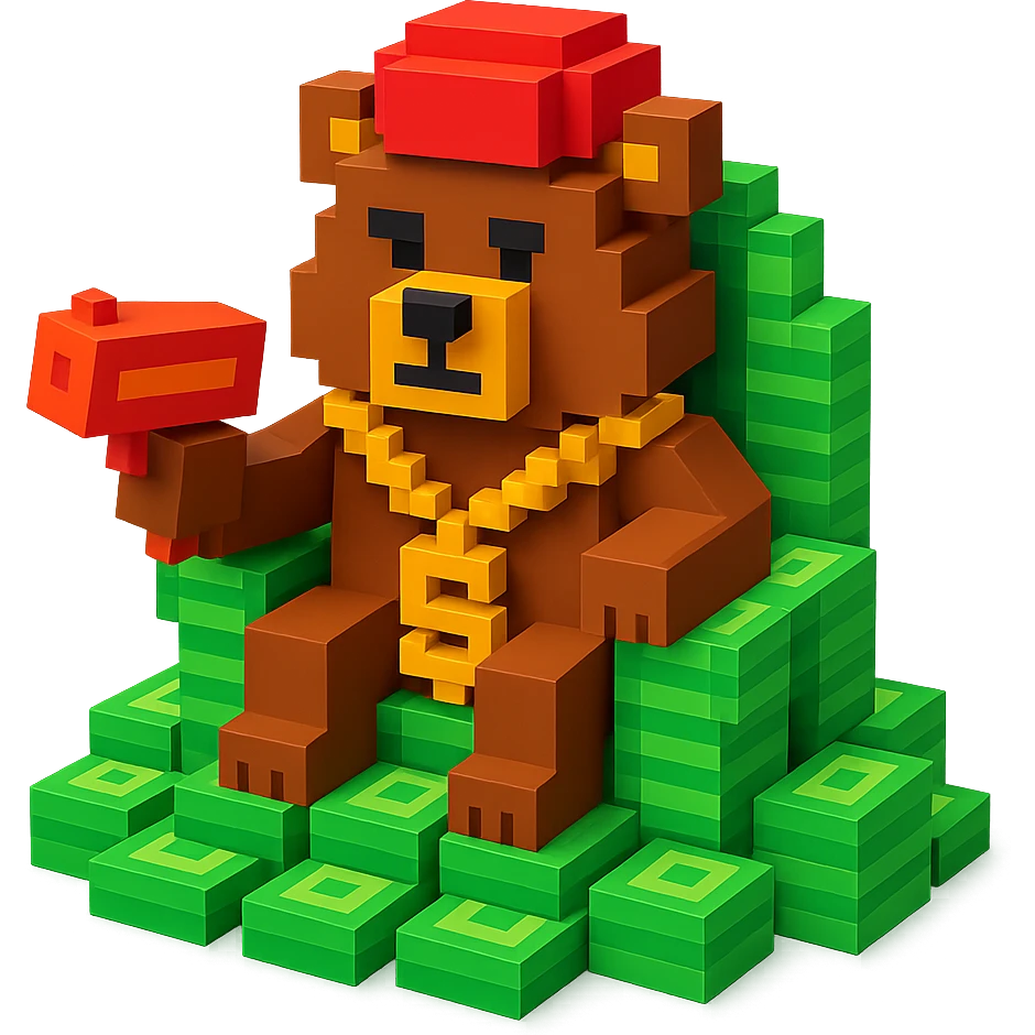 Russian grizzly bear with a rapper chain and a money gun, sitting on a throne of cash emoji