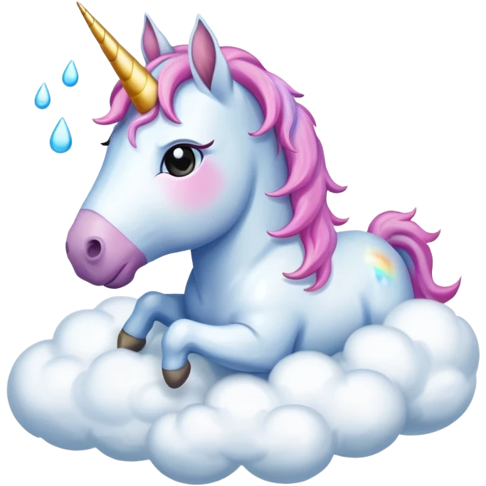 A unicorn flying through clouds, sad, cry tear from eyes, portrait, bust up emoji