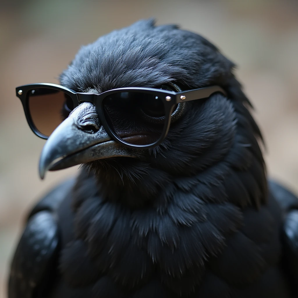 realistic head of a black bird wearing sunglasses, detailed feathers, photorealistic style emoji