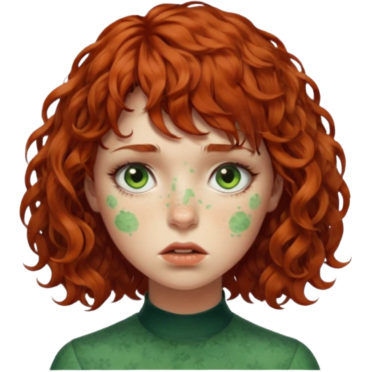 quero que você cria uma mulher, o rosto dela. nela, ela tem cabelo curto e ondulado, tem franja e ela tem semblante triste, deixe ela com pele verde. cabelo cacheado(avermelhado). ( ela tem aparência terroristica) olhos anormais assim como a boca) deixe ela com sardas emoji