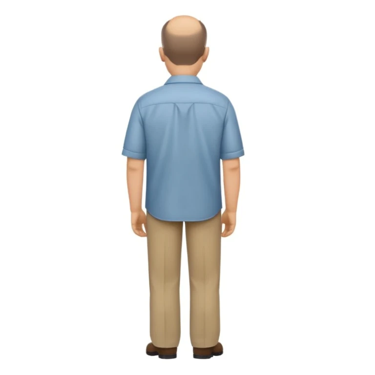 Carl from Sling Blade, serious, chin prominent, slouching, no glasses, collared shirt, back view, full body, standing, head forward, emoji style emoji