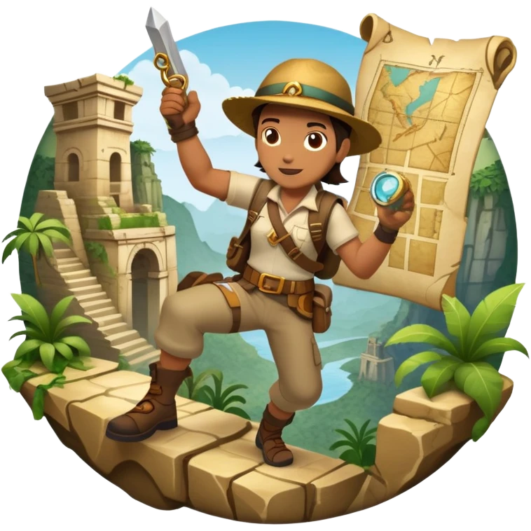 An icon featuring an adventurer in a dynamic action pose with treasure map, ancient ruins and jungle landscapes in the background. The design includes clues, hidden passages and climbing gear, symbolizing the thrill of exploration and discovery. Transparent background. emoji