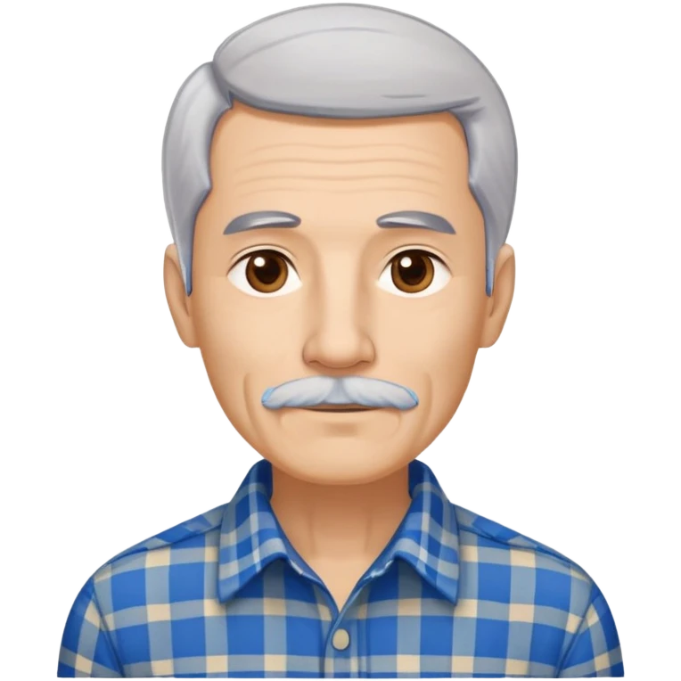 Thin older Hispanic man with light complexion. Elongated slim face with wise expression. Relaxed brown eyes. Straight fine gray-white hair with soft fringe. White mustache connected to chin beard. Lean physique. Wearing a beige and blue plaid long-sleeved shirt. emoji