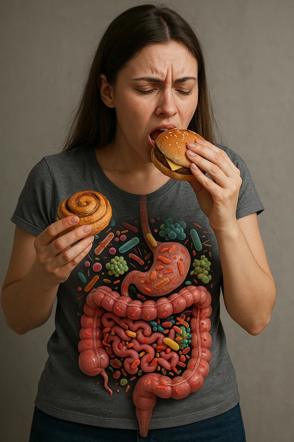 donna con batteri cattivi pieni nel suo intestino immagini realistiche mangia alimentazione ricca di glutine e zuccheri alimentando tutti i batteri cattivi emoji