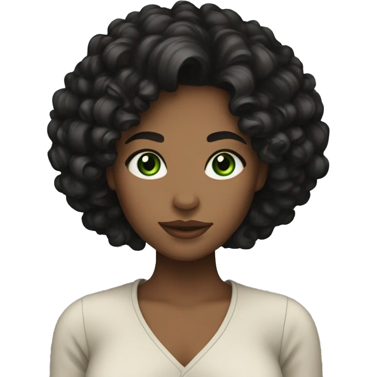 Woman with green eyes and curly black hair and a neutral skin tone emoji