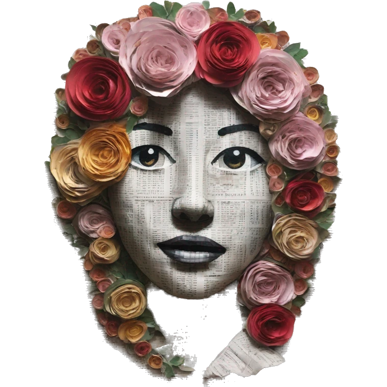 Person face portrait made entirely of newspaper cuttings and roses emoji