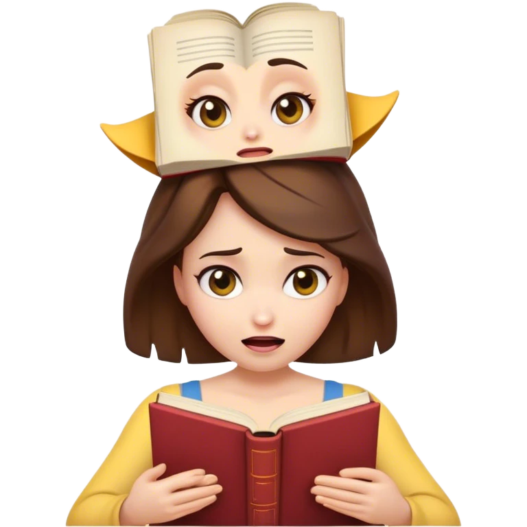 Cinematic Funny Belle Portrait Emoji, Looking exasperated as a book lands on her head, one eye twitching, caught in a hilariously relatable moment of book-lover clumsiness! emoji
